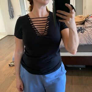 PEPIN edgy black tee with cutouts shredded xs punk goth rave artsy boho festival